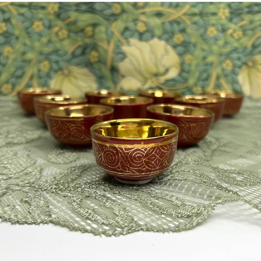 Vintage Kutani Ware Sake Cups Porcelain Ochoko Guinomi Gold High Luster Japan 10
